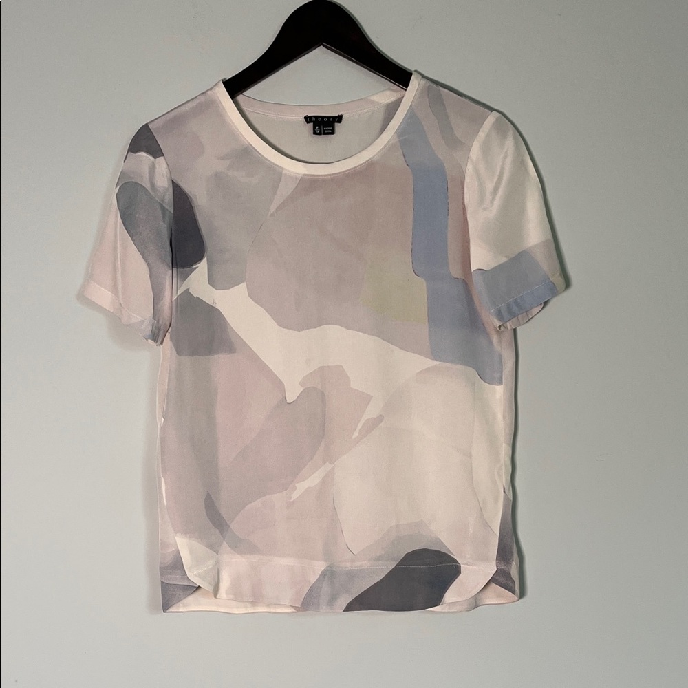 Theory 100% Silk Women's Short Sleeve Abstract Top Size P/TP XS Petite